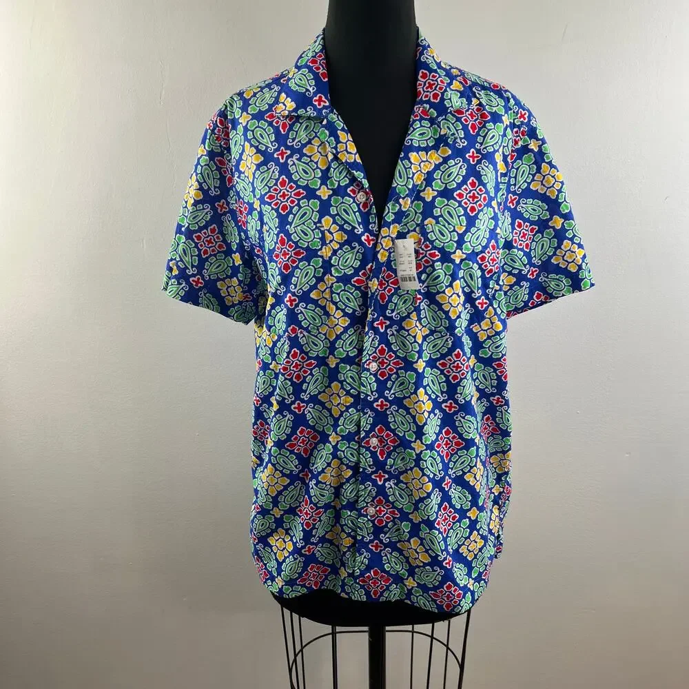 NWT J. Crew Slub Cotton Shirt Camp Collar Blue Floral Print Short Sleeve Size M